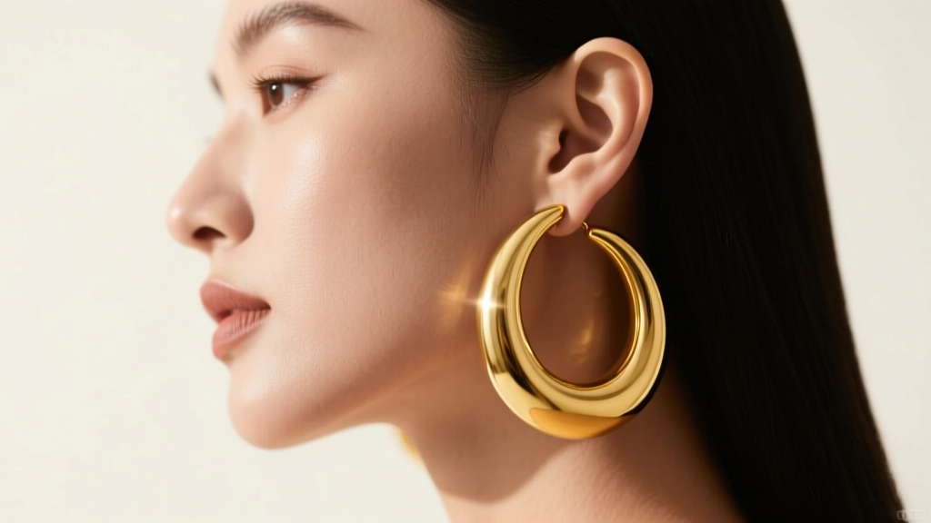 Woman wearing 60mm 14k yellow gold thick hoop earrings, side profile under soft studio lighting highlighting the polished metal