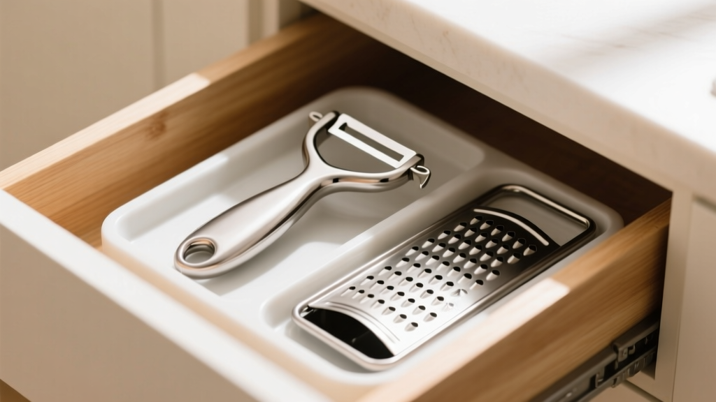 Compact nesting kitchen prep tools featuring a stainless steel Y-peeler and julienne grater stored in a shallow drawer