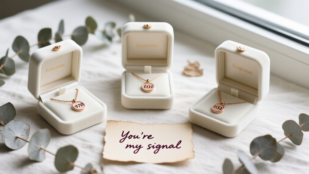 Flat lay of three velvet boxes with rose gold Morse code necklaces, surrounded by dried eucalyptus and a handwritten paper note.
