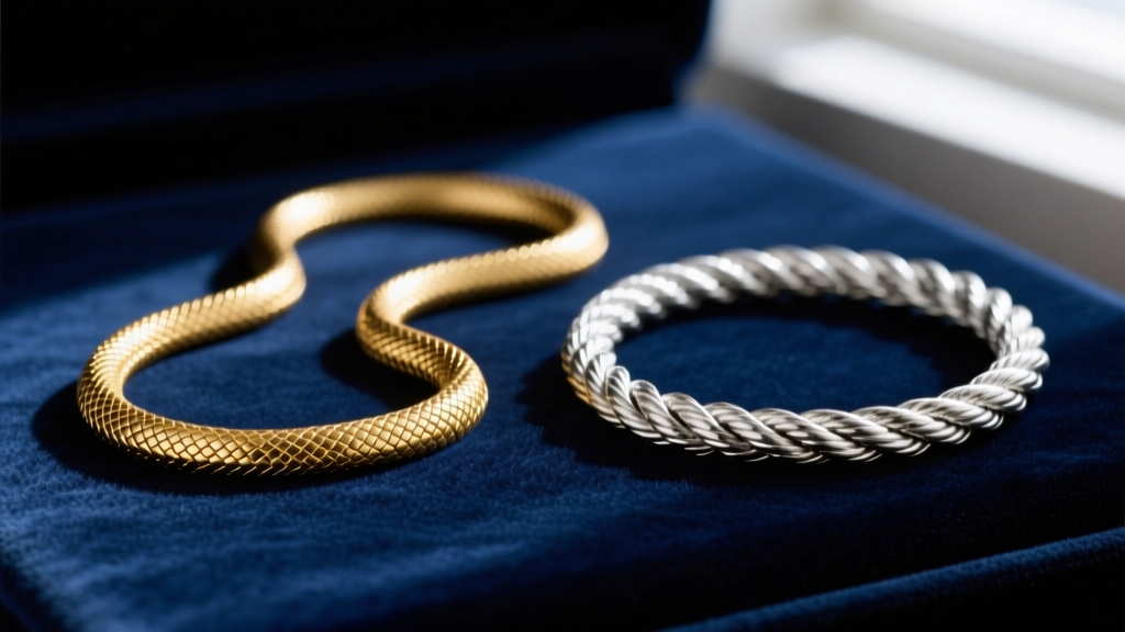 Macro photography of a delicate gold snake chain and a thick sterling silver rope chain resting side by side on dark blue velvet.