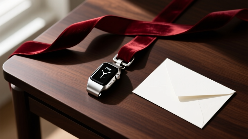 Flat lay gift box with brushed surgical steel Fitbit Charge pendant holder, velvet ribbon, and card on a dark walnut desk surface.