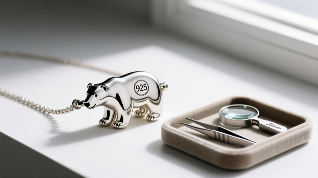 Macro shot of a polar bear necklace clasp showing a clear 925 hallmark stamp, next to a small jeweler's loupe on a wooden desk.
