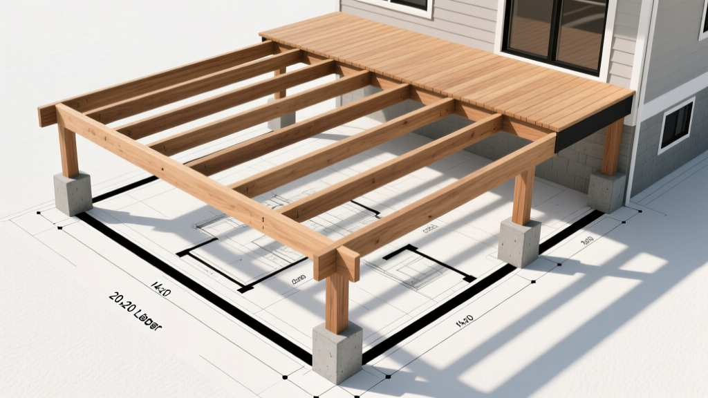 Overhead blueprint of a 14x20 wooden deck framing plan showing 2x10 joists, concrete footings, and a 20-foot ledger board.