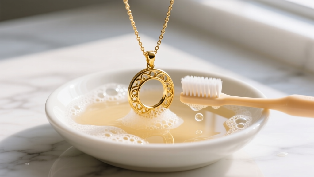 Macro shot of a 14k solid gold pendant necklace gently brushed with a soft baby toothbrush in a ceramic dish of warm sudsy water