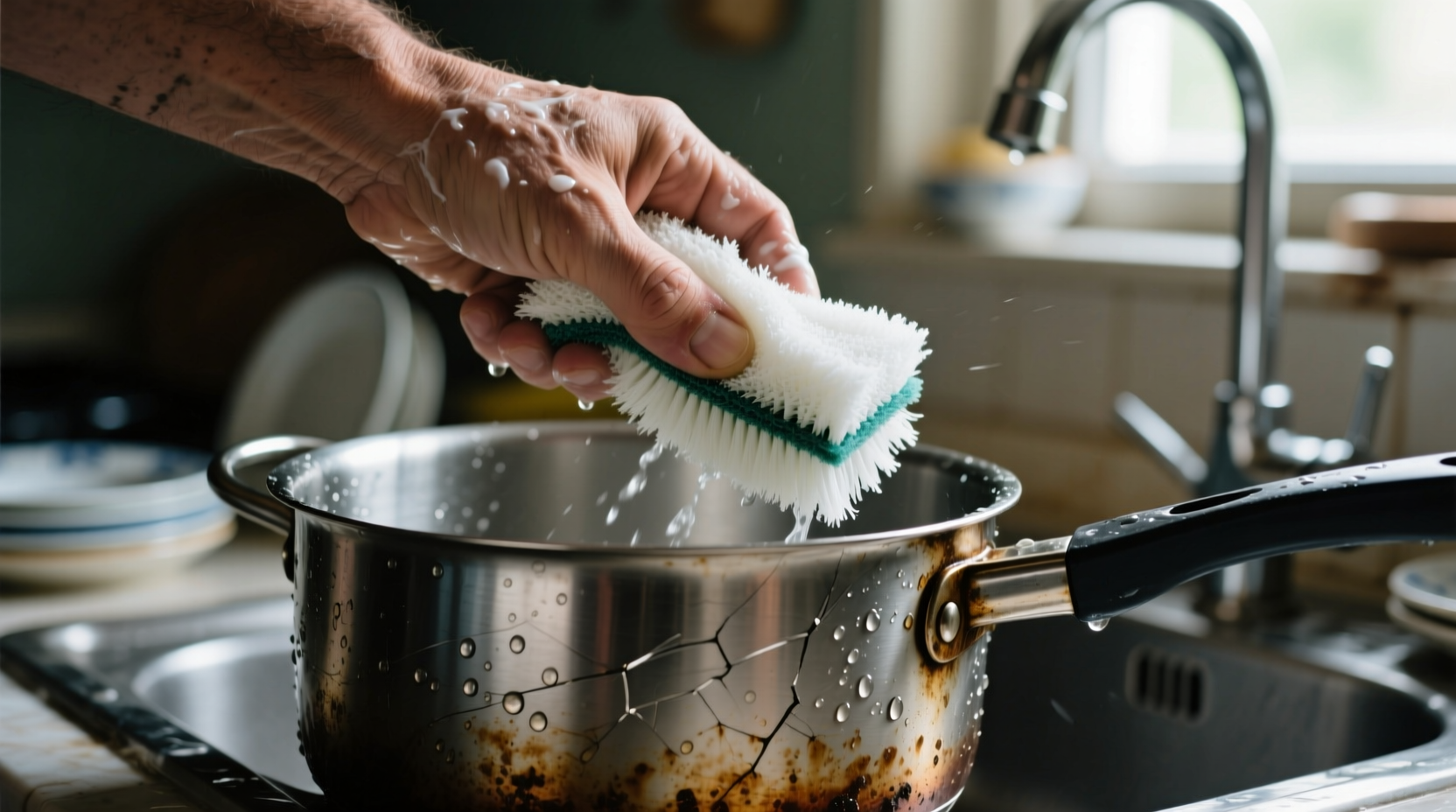 Hand holding nylon scrubber cleaning stainless steel pot