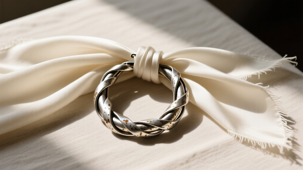 Overhead shot of a large tarnished silver hoop earring tangled in a scarf, illustrating why oversized jewelry is risky for travel.