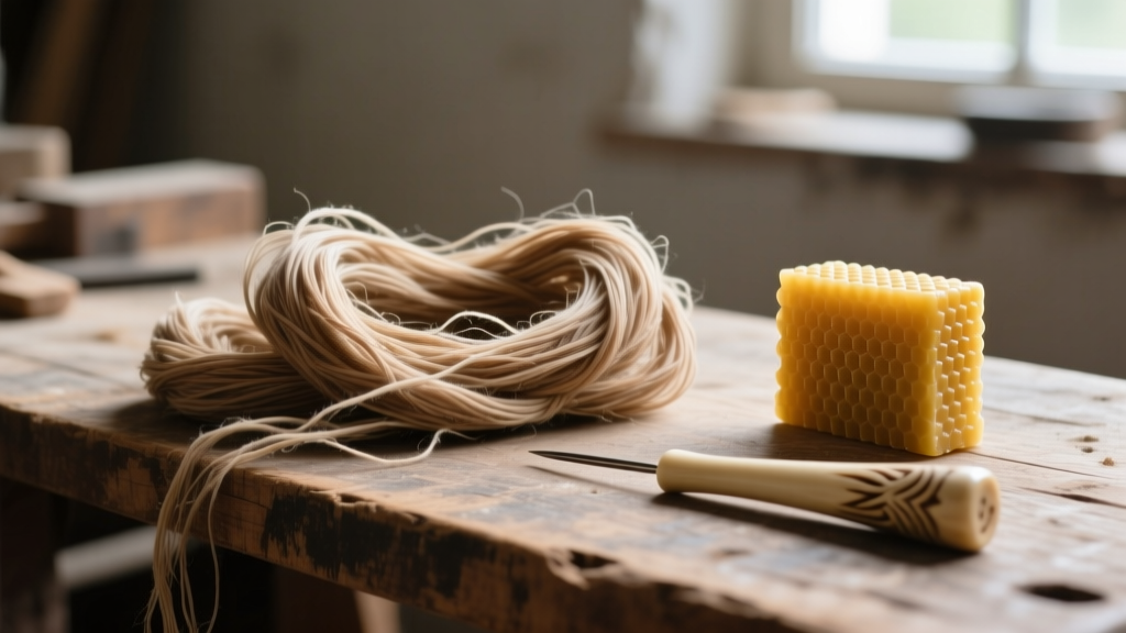 Strands of raw, unspun natural animal sinew laid out on a rustic wooden workbench next to a bone needle and a block of beeswax.