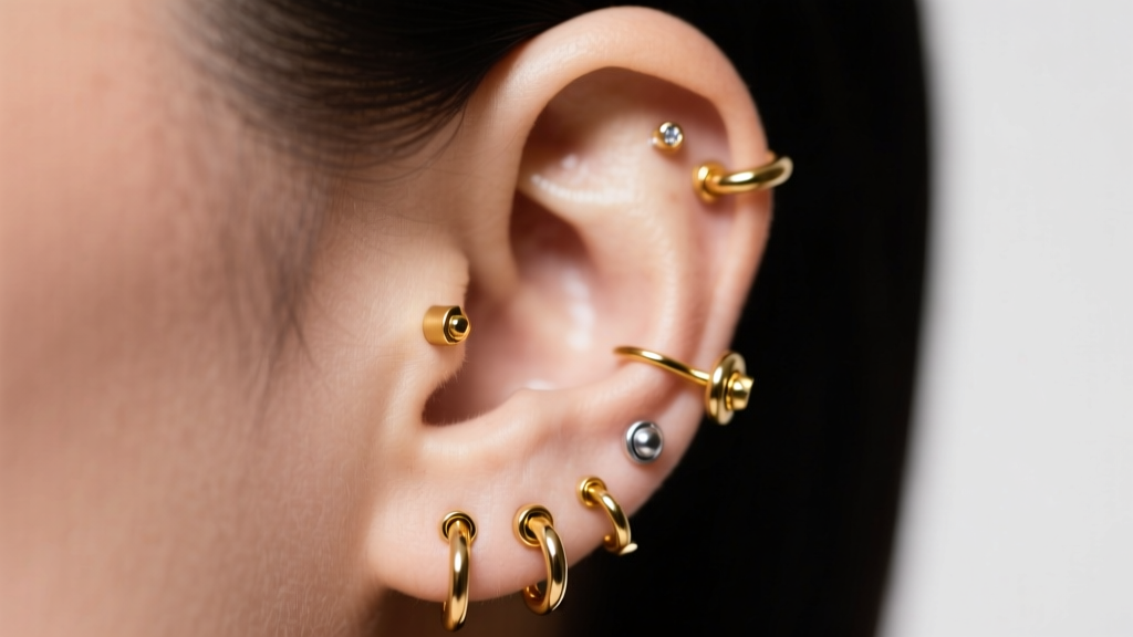 Close-up of a curated ear with multiple gold cartilage and lobe piercings, studio lighting highlighting the metallic textures.