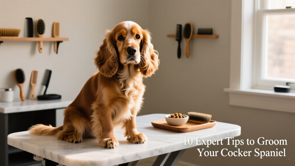 A well-groomed Cocker Spaniel sitting calmly on a grooming table, with soft lighting highlighting its silky coat and expressive eyes