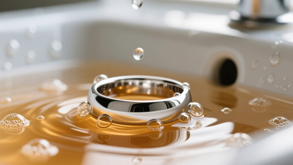 Macro shot of a stainless steel ring submerged in warm soapy water, with gentle bubbles clinging to the polished metal band.