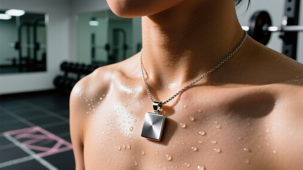 Macro shot of a Grade 5 titanium pendant with brushed finish resting on a sweaty collarbone under harsh overhead gym lighting.