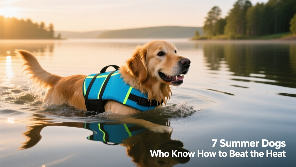 A golden retriever wearing a bright blue life jacket while swimming confidently in calm lake water