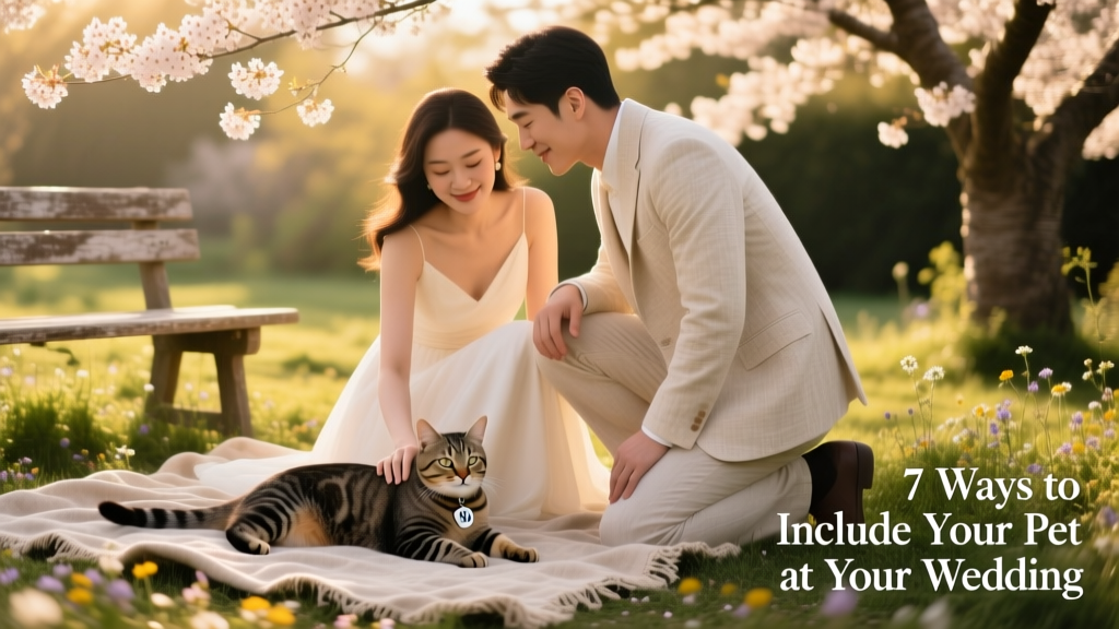 A couple kneeling beside their relaxed cat during a soft-lit 'first look' photo session outdoors