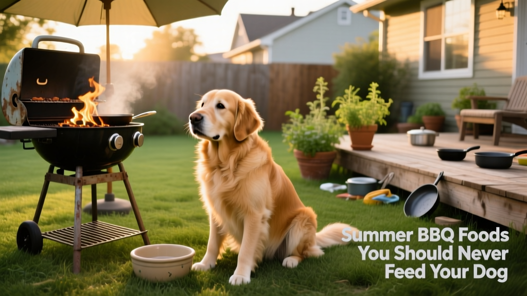 A relaxed golden retriever sitting near a backyard grill, watching people cook, with a water bowl nearby