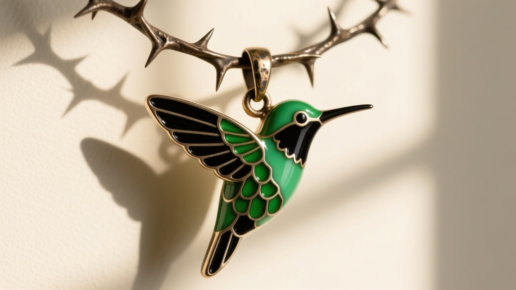 Vitreous enamel hummingbird pendant with green and black champlevé details, hanging from an oxidized steel thorn collar chain