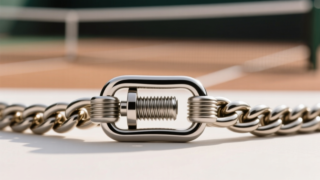 Macro shot of a screw-barrel clasp on a titanium wheat chain highlighting the threading against a blurred court background