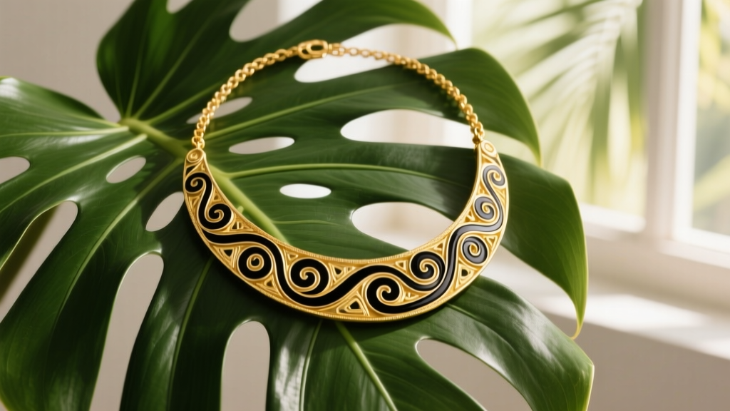 14k gold Hawaiian heirloom necklace with black enamel scrollwork draped over a green monstera leaf in soft, warm daylight.
