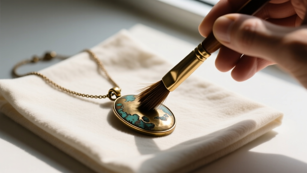Hands gently brushing an oxidized brass pendant on a trade necklace with a soft horsehair brush over a microfiber cloth.
