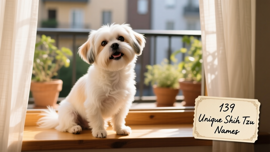 A cheerful Shih Tzu sitting on a sunlit windowsill, head tilted playfully