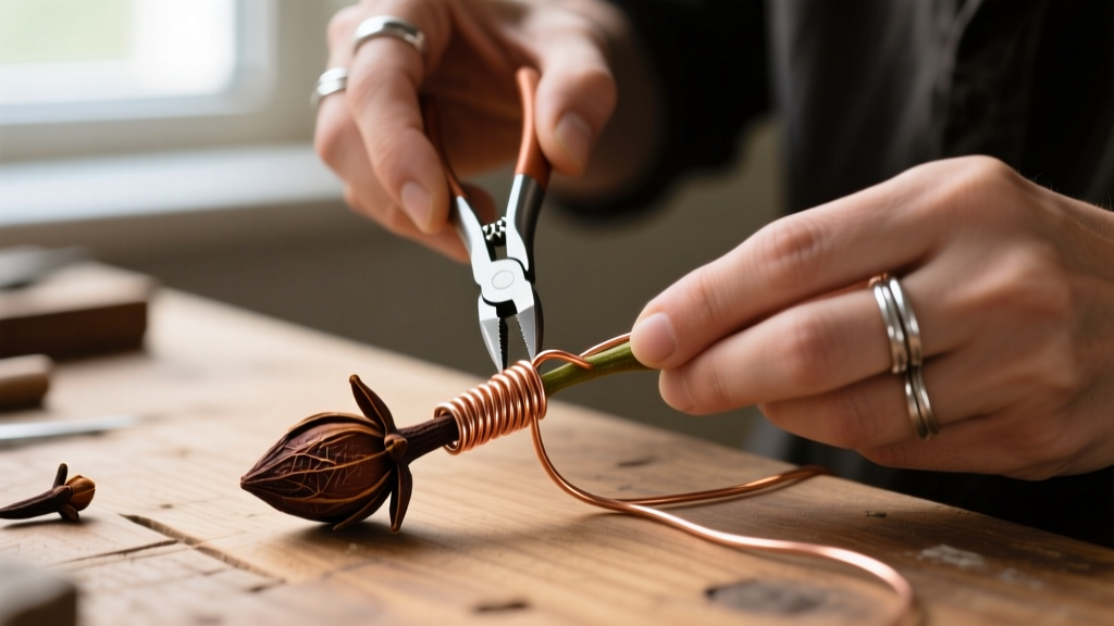 Jeweler using chain-nose pliers to wrap 26-gauge copper wire around the stem of a dried clove bud on a wooden workbench