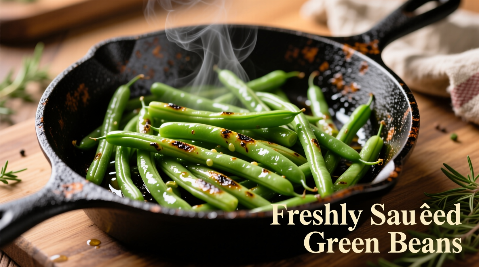 Perfectly cooked vibrant green beans in cast iron skillet