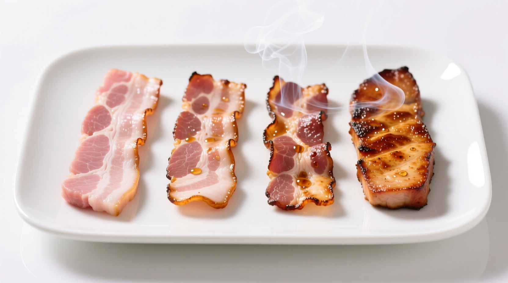 Turkey bacon cooking stages comparison on white plate