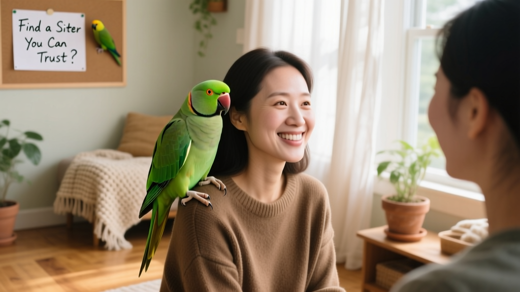 A friendly green parrot resting calmly on a sitter’s shoulder during an introductory visit