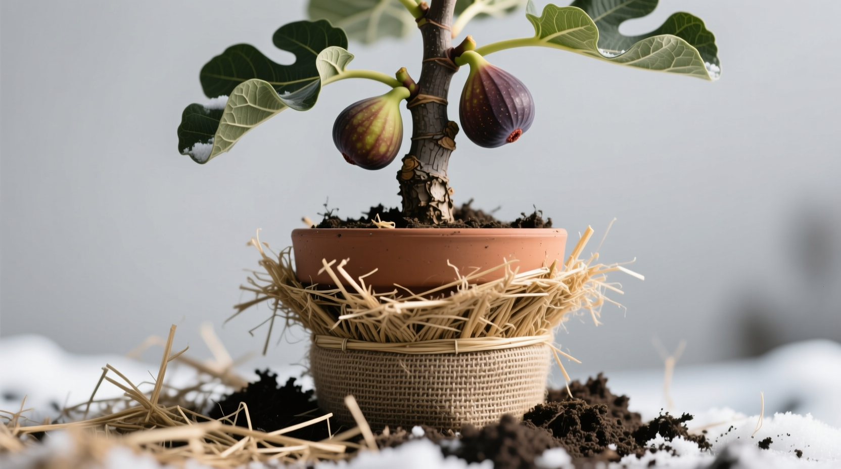 Proper winter mulching technique for potted fig plant with straw and burlap wrap