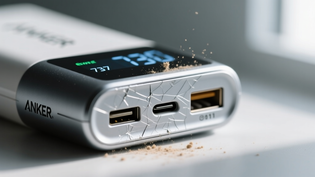 Macro shot of the Anker 737 Power Bank digital display showing micro-scratches and dust trapped in the USB-C port seam after field testing