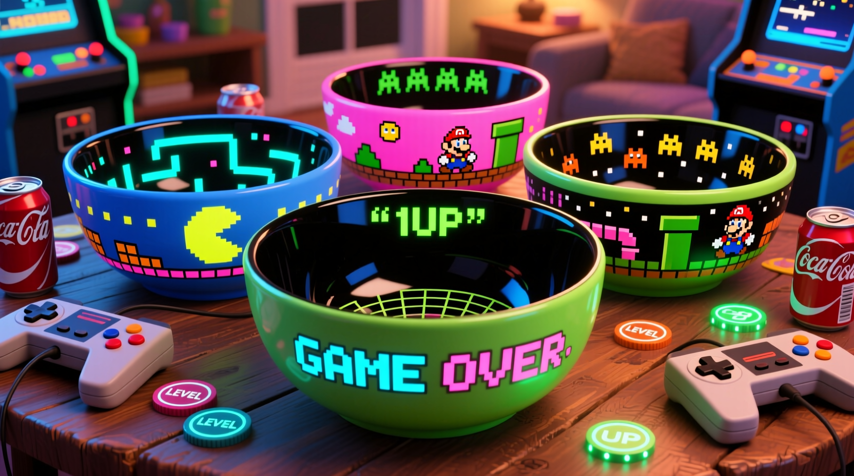 retro gaming themed punch bowls for geeky house parties