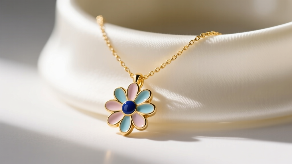 Close-up of a 14k gold dainty flower necklace with a 6mm vitreous enamel daisy pendant resting on a silk collarbone backdrop.