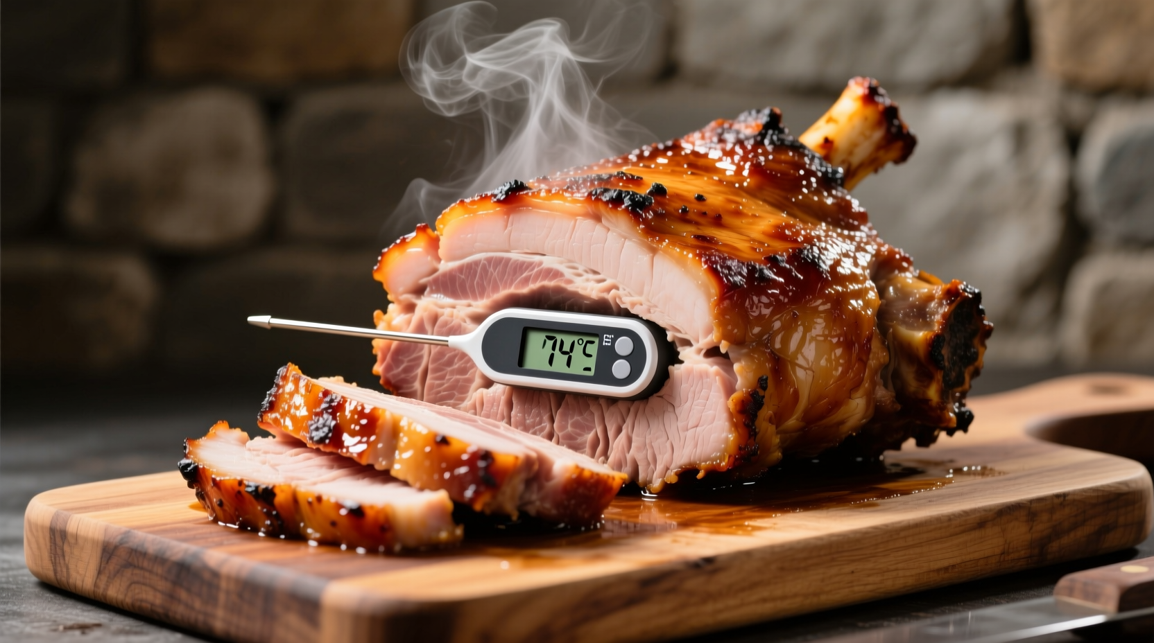 Perfectly cooked pork shoulder with internal thermometer reading