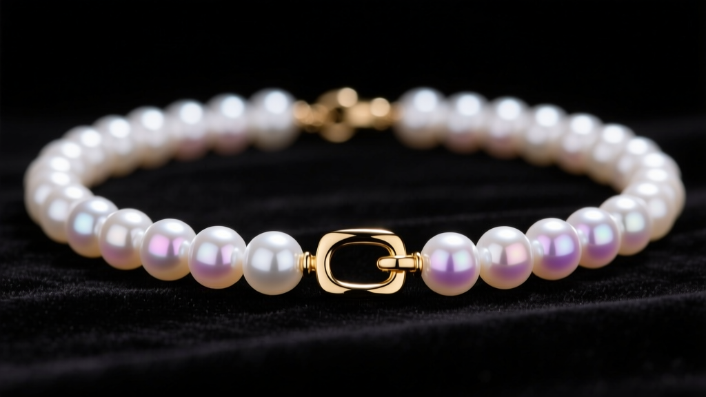 Close-up of a 7mm white Akoya pearl necklace on dark velvet, highlighting sharp mirror-like luster and a 14k gold clasp.