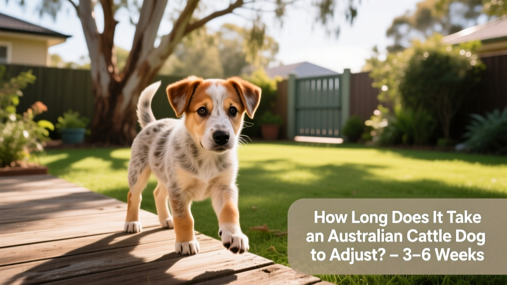 Young Australian Cattle Dog puppy exploring a sunlit backyard with gentle curiosity