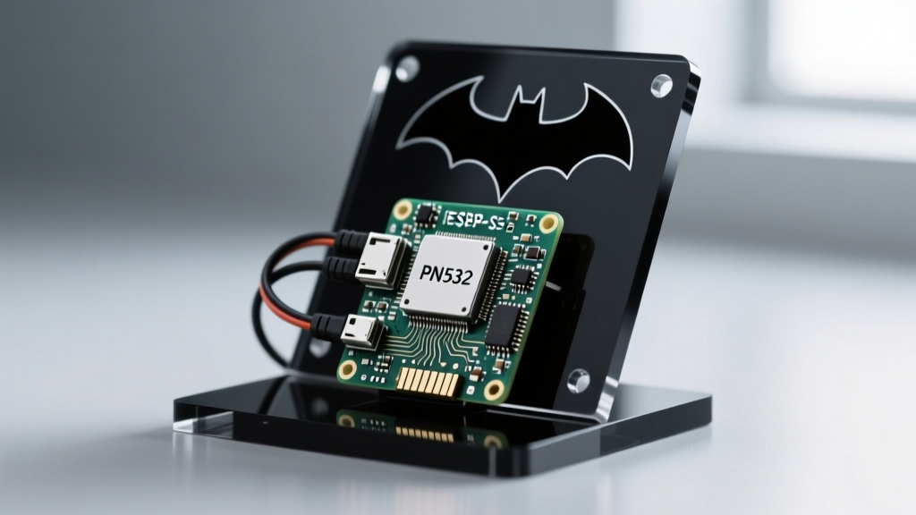 Close-up of a PN532 NFC reader module wired to an ESP32-S3 dev board, embedded beneath a matte-black acrylic display stand for a Batman gadget.