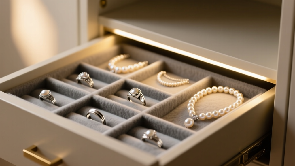 Open armoire drawer lined with grey anti-tarnish flannel, displaying silver rings and pearl necklaces under warm LED lighting.