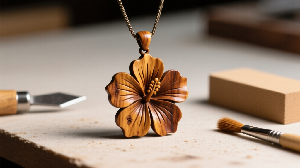 Hibiscus pendant carved from koa wood, tools in soft light, macro shot showing fine wood grain and texture on a workbench surface