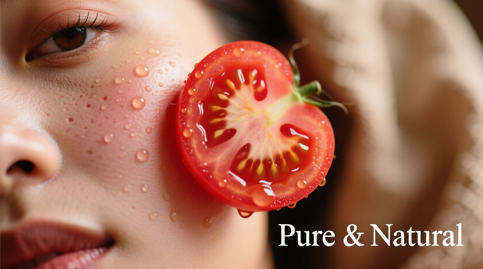 Fresh tomato slice applied to skin for natural skincare treatment