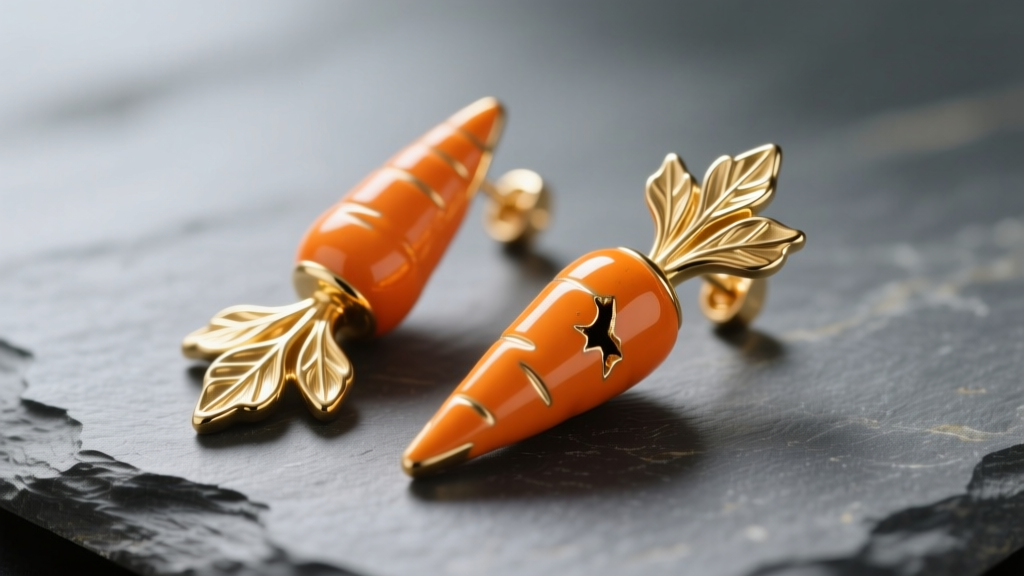 Close-up of gold enamel carrot earrings on slate, revealing textured leaves and a tiny chip on the orange body under soft lighting.