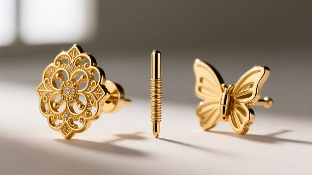 Close up of a disassembled gold post earring showing the decorative front, straight metal post, and a secure butterfly backing