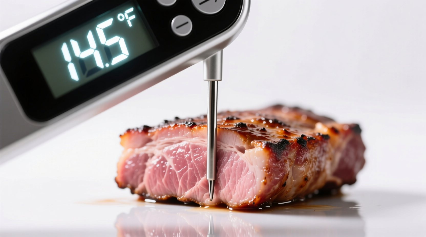 Digital thermometer measuring pork tenderloin temperature