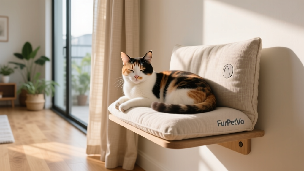 A calico cat relaxing on a FurPetVo cushioned perch attached to a wall-mounted shelf in a bright, airy living room