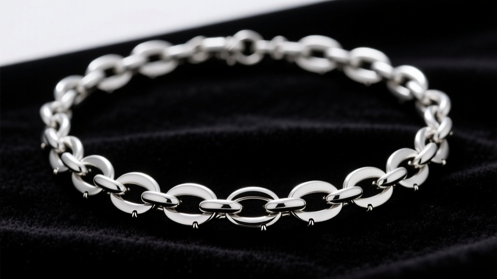 Silver cable chain necklace on dark velvet, showing uniform oval link structure and soldered joints under soft directional lighting