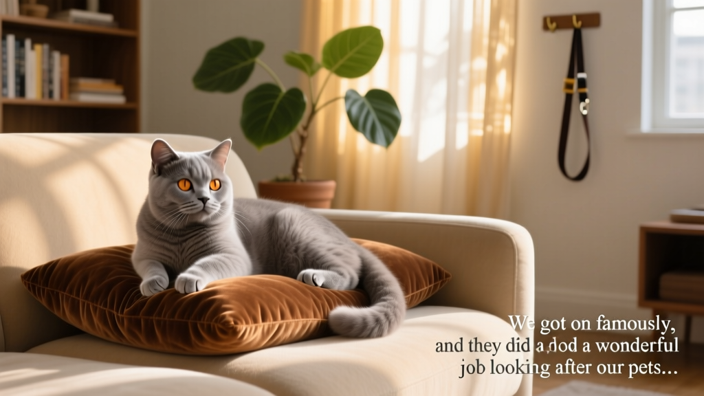 A relaxed British Shorthair cat lounging on a cozy brown cushion on a sofa