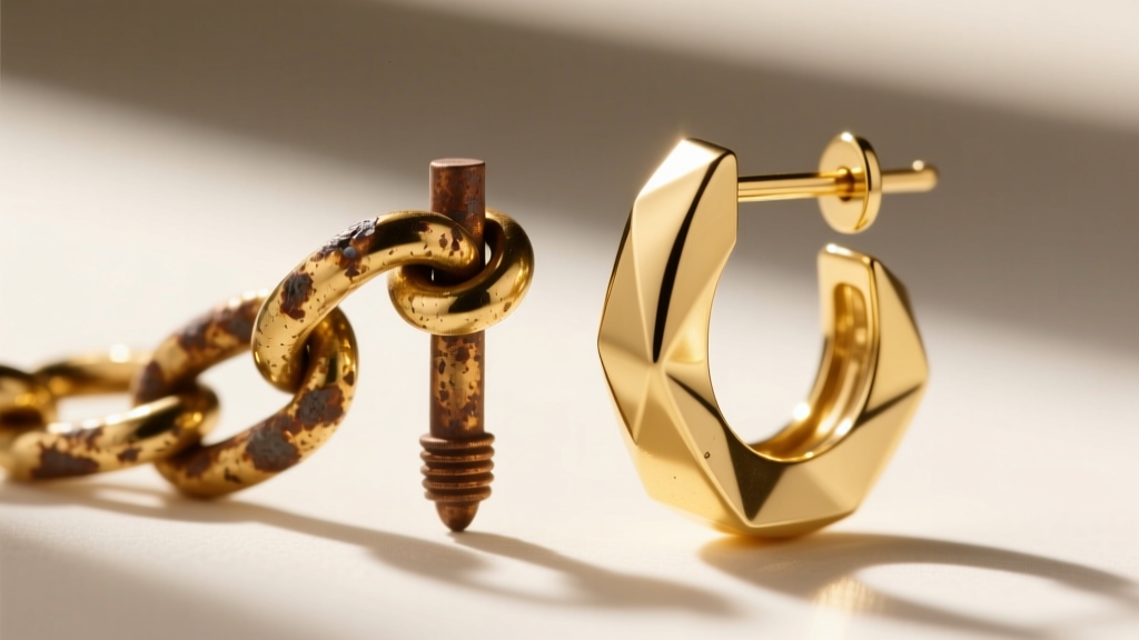 Close-up of a tarnished gold-plated chain link earring post beside a pristine 14k gold earring, illustrating metal degradation.