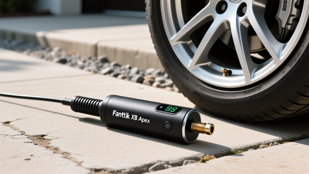 Close-up of the Fanttik X8 Apex portable tire inflator resting on a concrete driveway next to a silver alloy wheel and rubber tire valve.
