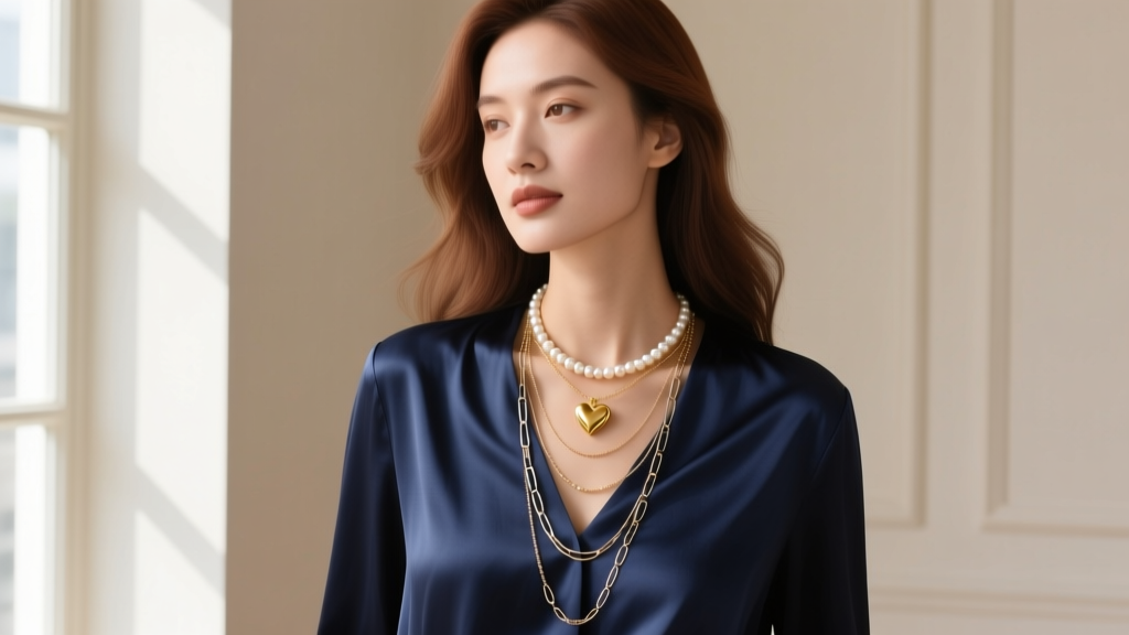 Woman wearing a layered necklace stack with a gold heart pendant and delicate freshwater pearl strand over a navy silk blouse.