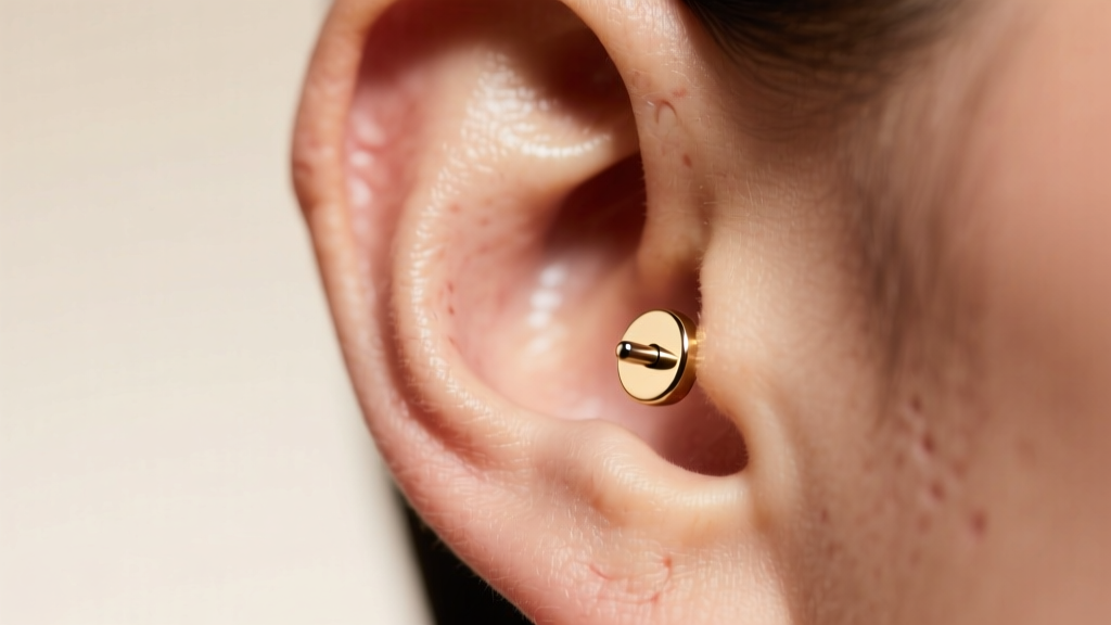 Macro shot of an ear with a 14g titanium flat-back labret in the conch piercing, lit by soft warm studio lighting.