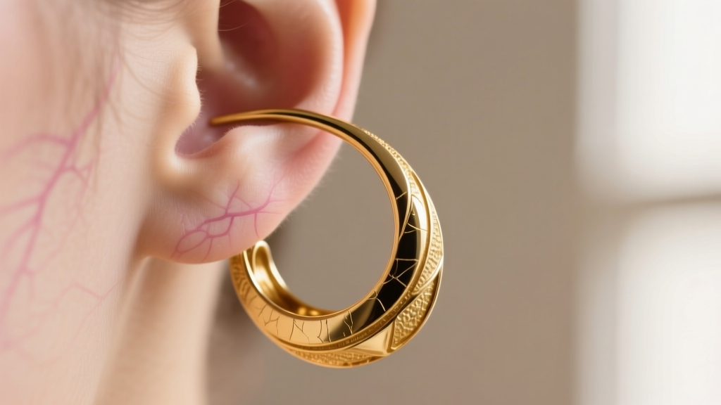 Close-up of a heavy gold drop earring pulling an earlobe down, highlighting the awkward forward-tilting angle of the jewelry post.