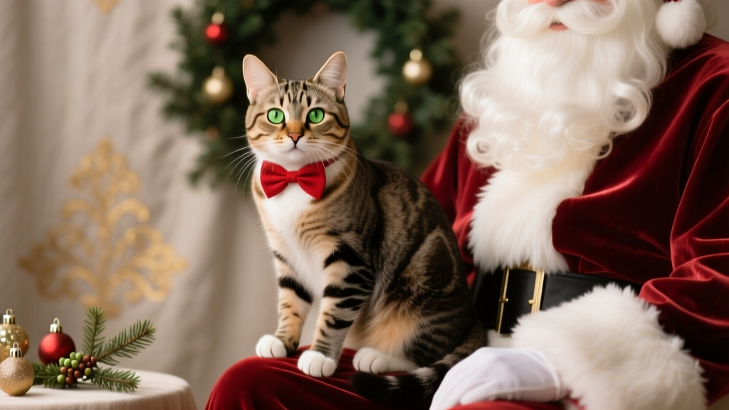 A tabby cat perched calmly on Santa's lap, wearing a tiny red bowtie, with soft studio lighting and subtle holiday props in the background